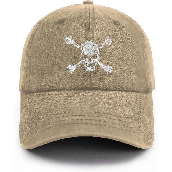 Men's Tan Skull Crossbones Embroidered Skeleton Cotton Comfort Baseball Cap - Picture 1 of 7